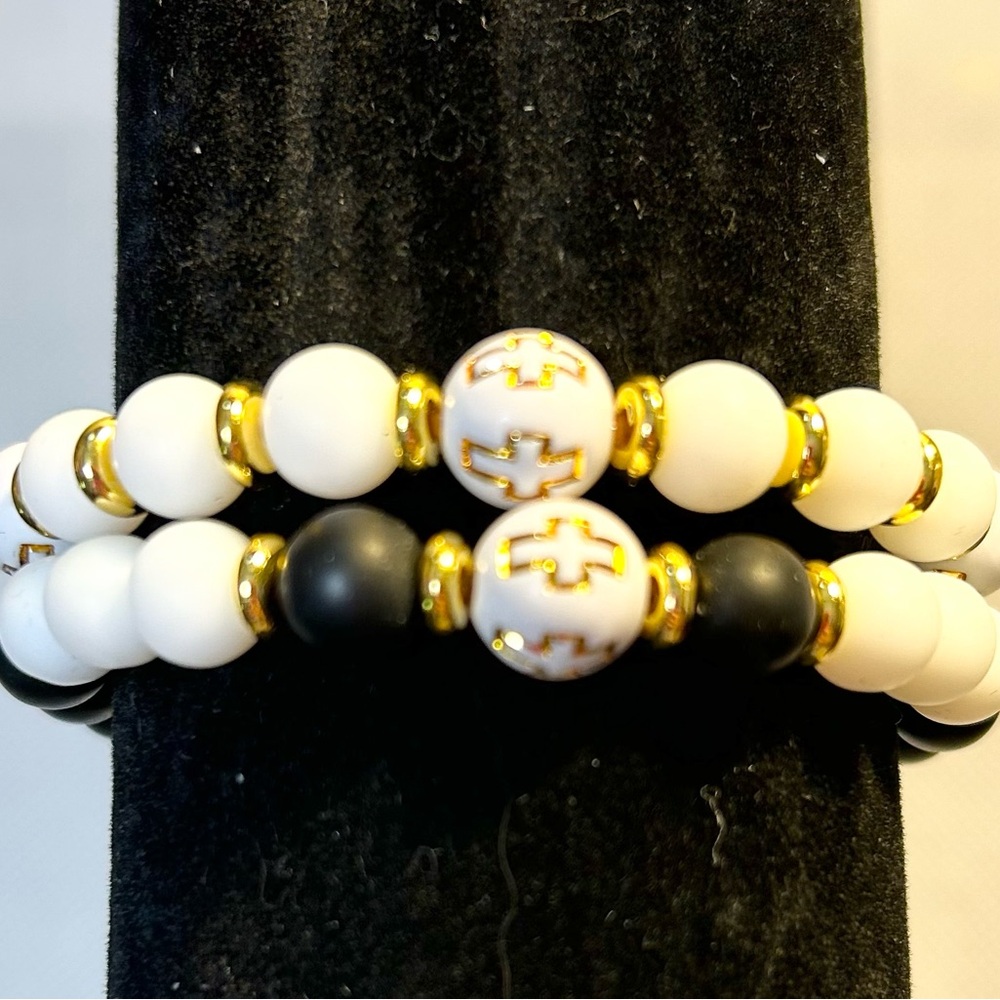 Handmade White and Gold Cross beaded bracelets
